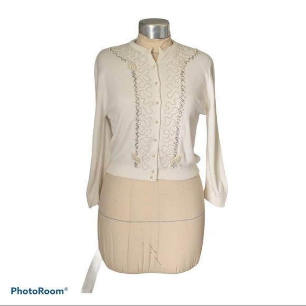 60s Vintage Sweater Beaded Betty Draper Cardigan Mad Men Pearl Cream Off White S
